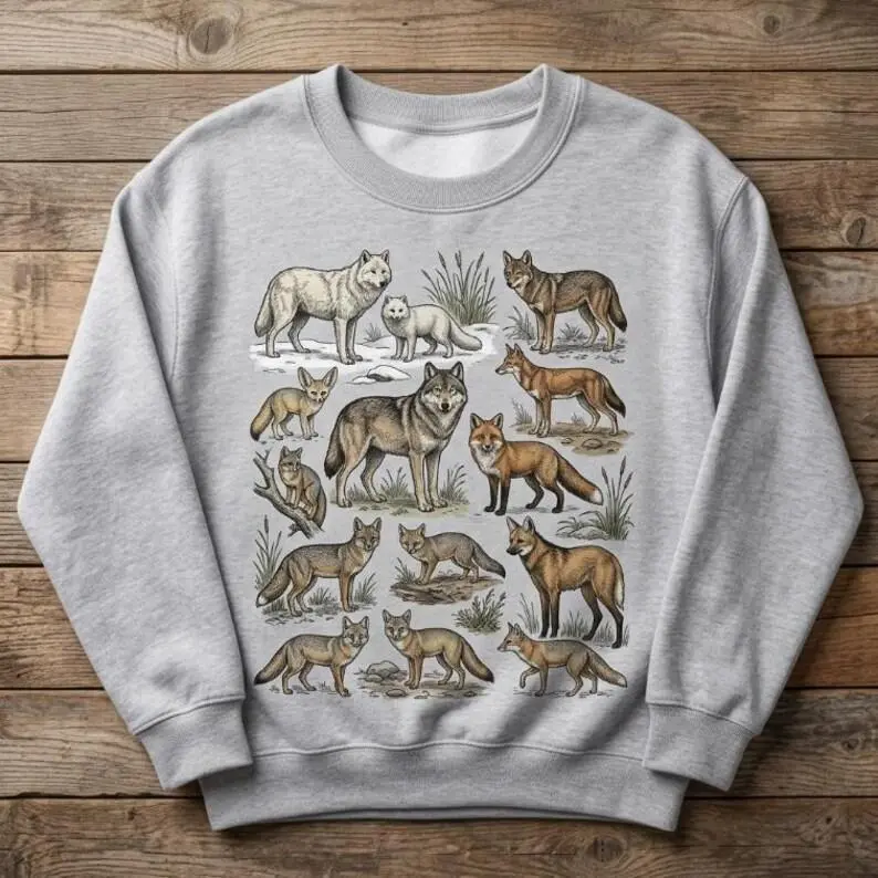 Vintage Shirt Wolves Sweatshirt Hoodie Unisex Retro Cottagecore Nature Illustration Tee Shirt Cute Wild Fox Species Gift for Wolf Lover