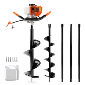 52cc 2-Stroke Gas Powered Earth Auger, Post Hole Digger with 2 Auger Bits (6" & 10") & 3 Extension Rods, Max Digging Depth 10.5 ft for Fence, Deck, Planting Tree