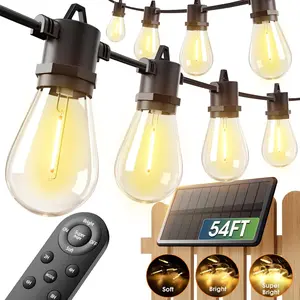 54FT(48+6) Solar String Lights Outdoor Waterproof with USB Charging & Remote Control - Dimmable Solar Power Patio Lights with LED Bulbs for Porch, Garden, Yard, Market, Bistro - Last for 20+Hrs