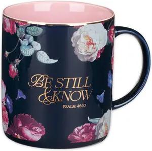 Large Ceramic Inspirational Scripture Coffee & Tea Mug for Women: Be Still & Know Encouraging Gold Bible Verse, Lead/Cadmium Free Cute Drinkware, Dark Navy Blue/Pink Floral, 14 oz.