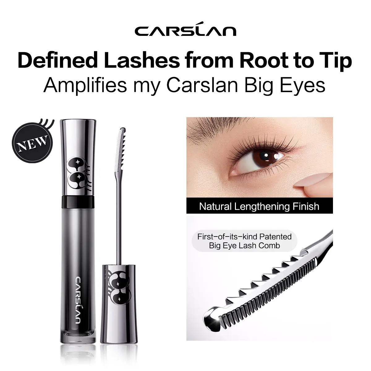 CARSLAN Big Eyes Lenthening Mascara, Dual Side Brush For Creating Two Looks, Waterproof Sweatproof Longlasting Curling Lashes Mascara