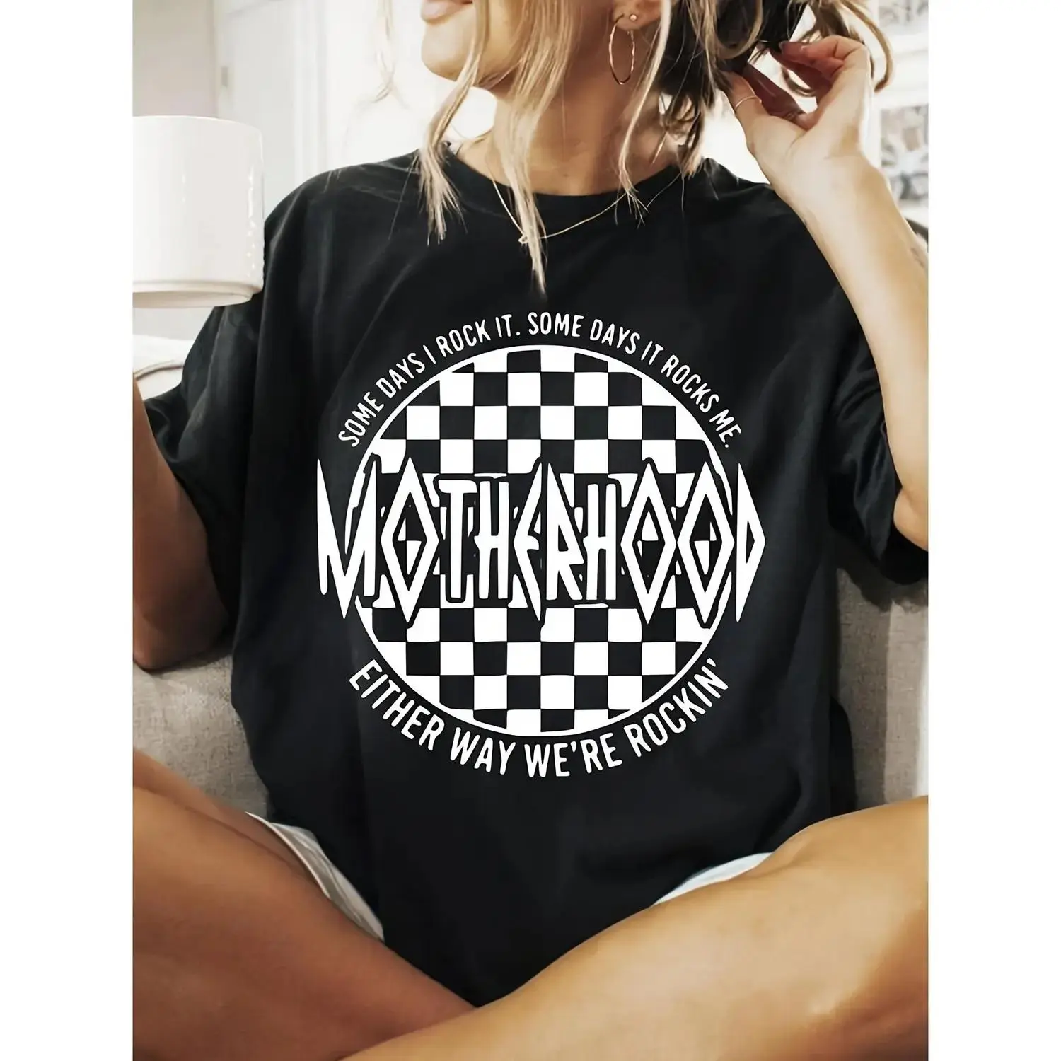 Women's "MOTHERHOOD" Graphic T-Shirt, Casual Oversized Crew Neck Top with Checkered Print and Mom Slogan, Lightweight Streetwear, Tshirt, Sporty Chic, Loose-Fitting, Machine Washable, Performance Ready, Shortsleeve, Round Neck, Breathable, Short Sleeve