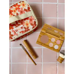 Non-toxic makeup kit for kids.  5 pressed  mineral makeup pans for magnetic bamboo compact case, mineral based lip gloss, eye shadow and blush brush in a wipeable, durable water proof bag