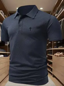 Geometric Cross Print Polo Shirt, Golf Casual Style, Multi-Occasion Wear, Premium Fabric, Comfortable Breathable, Classic Design, Geometric Pattern, Casual Fitted Style, Navy Blue