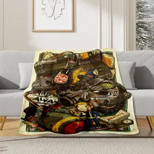 Fallout themed printed flannel blanket with retro game design, suitable for sofa, bed, office and outdoor use, lightweight and durable bedroom chair decor halloween decoration soft flann