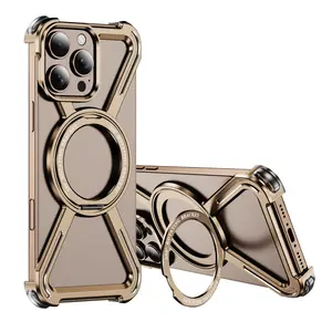 Aluminum Alloy Military armor Rimless Magnetic Phone Case For iphone 16 13 14 15 Plus Pro Max Metal Stand Airbag protection anker magnetic Shockproof