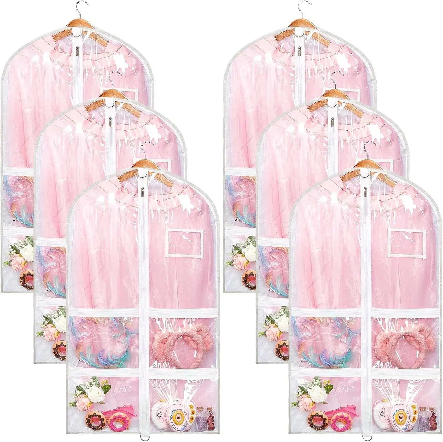 6pcs Garment Bags for Dance Costume Clothing Bags Hanging Clothes Clear Dance Garment Carrier for Dancers with 5 Zipper Pockets Closet Hanging Clothes Cover (White)