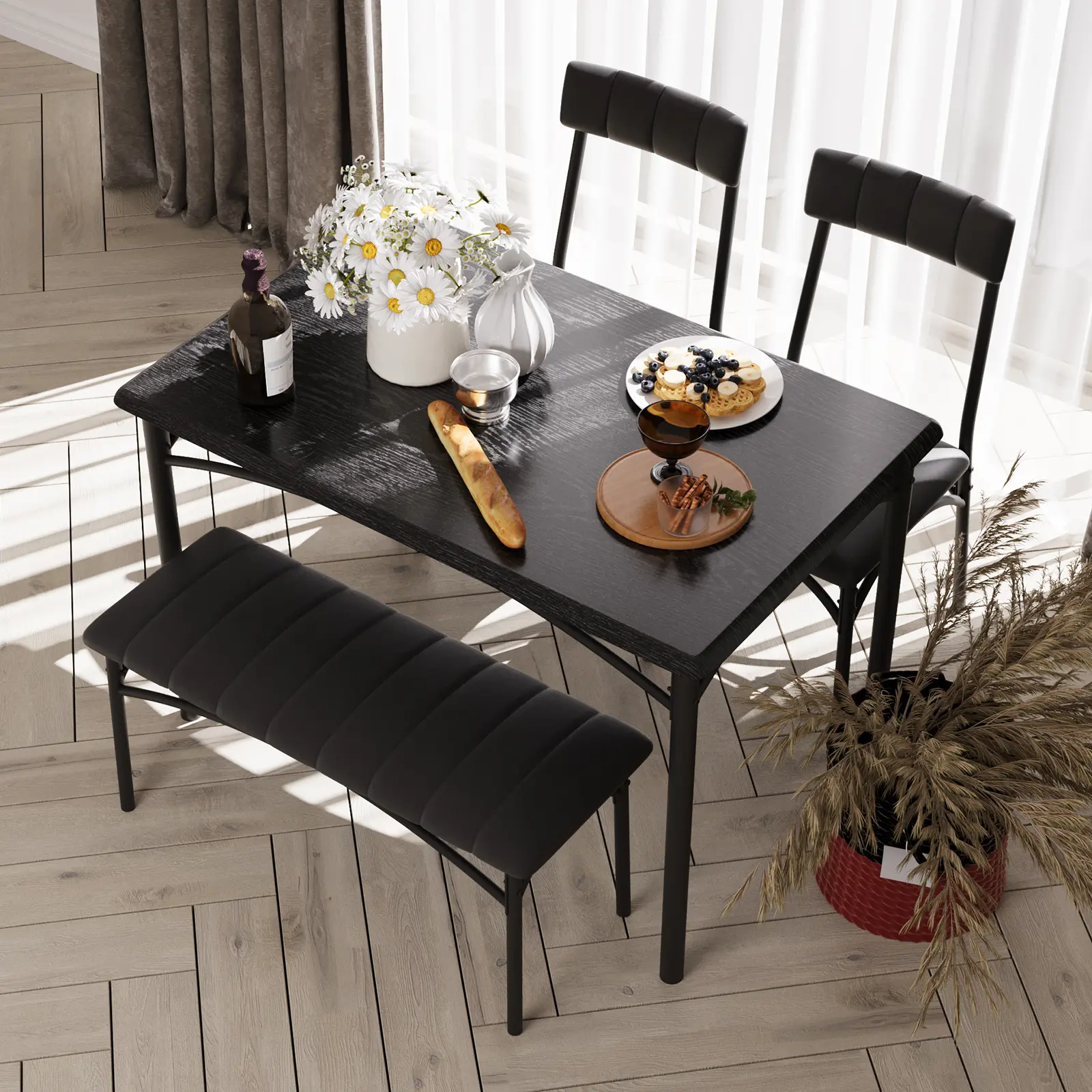 OUTGOODS 4-Piece Rustic Grey Rectangular Dining Table Set - 4-Seat Casual Set with Upholstered Chairs & Bench, Waterproof, Space Saving Furniture, Apartment Decorating, Assembly Required, Chair 18.87”l × 17.07”w × 33.87”h, Compact Studio Furniture, Furnit