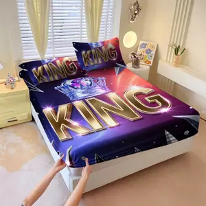 KING 3-piece fitted bedsheet set, featuring a cartoon-print bedspread, crafted from high-end, luxurious microfiber, offering softness and breathability. It's removable, ideal for bedroom use, and makes for a perfect gift. The fabric is easy to maintain