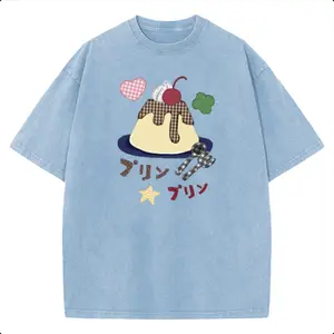 Sunland Acid Wash Kawaii Japanese Pudding Graphic Tee |   Heavyweight Cotton Vintage Streetwear, Cute Dessert Lover Statement Crewneck T-Shirt for Men & Women