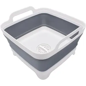 2.4 Gal(9L) Collapsible Dish Basin with Drain Plug, Space Saving Outdoor Multiuse Foldable Sink Tub, Dishpan, Kitchen Storage Tray for Camping, Vegetable Washing, RV (Gray)