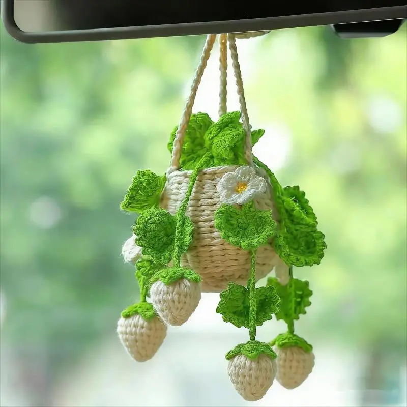 Handmade Strawberry Car Hanging Ornament Cute Crochet Mirror Decor Aesthetic Boho Auto Interior Accessory Perfect Gift for Her New Driver, Car Hanging Decoration, Accessories For Car