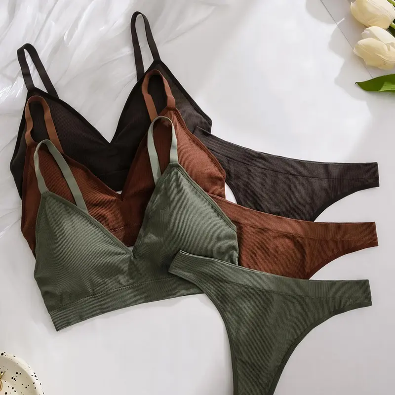 Plus Size Women's Essential Solid Color Minimalist Ribbed Casual Underwear Set, Soft Comfy Breathable Adjustable Strap Buckleless Bra & Thong for Daily Wear, Underwear Set for Women, Lingerie for Women, Fit, Everyday Clothing