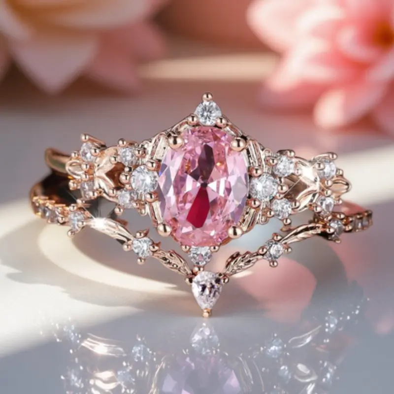 Cute Dainty Pink Flower Synthetic Zirconia Couple Rings - Promise Stacking & Birthstone Rings - Golden Engagement Wedding Jewelry - Valentine's Day Mother's Day Christmas Party Gift
