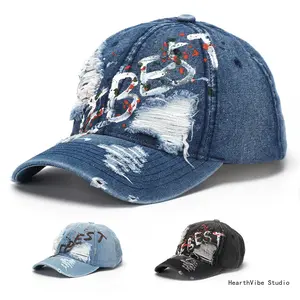 Unisex Embroidered English Letter Sport Baseball Cap - Personalized, Distressed Look, Ripped Sun Hat, 1-Size-Fit-All Hats for Women