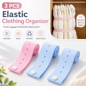 3 Pack Elastic Clothes Storage Straps, Travel Suitcase Space Optimizer, Adjustable Garment Fastener with Button & Buckle, Closet & Drawer Sorting Accessory, Shipped in Random Colors