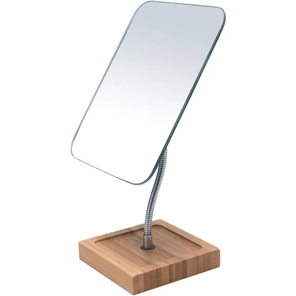 YEAKE Flexible Gooseneck Bamboo Vanity Makeup Mirror,360°Rotation 8" Large Frameless, Folding Portable Table Desk Mirror with Stand for Bathroom Shaving Make Up, Rectangle
