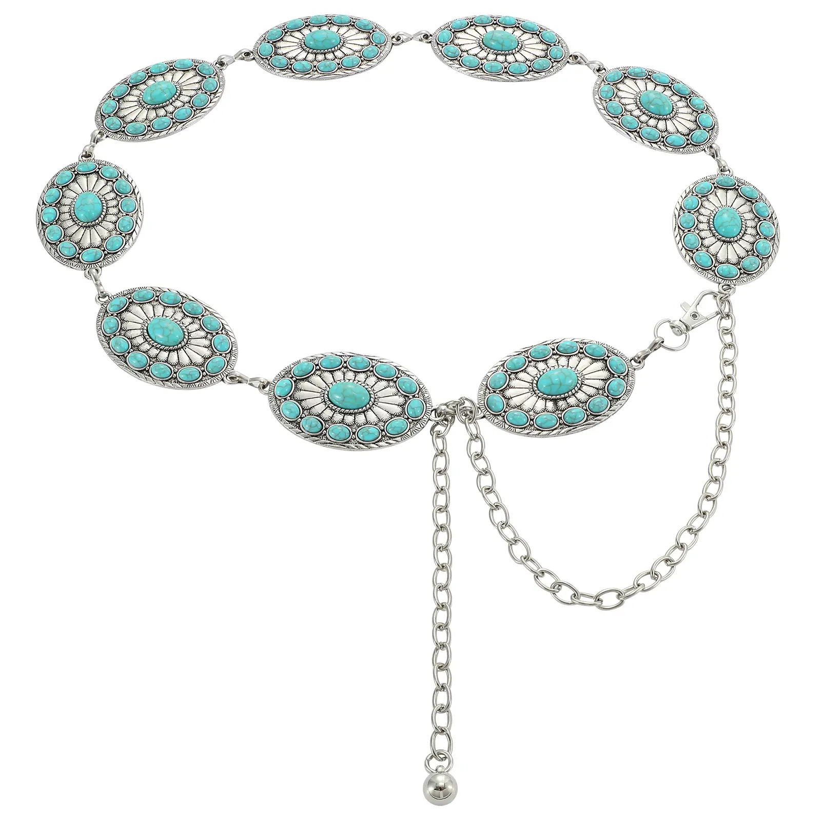 XZQTIVE Women's Western Metal Concho Turquoise Belt - Boho Fashion Silver Waist Chain for Dresses, Jeans, Country Concerts | Elevate Your Style, Bikini Accessory, Thoughtful Gift for Birthdays,clothes for back to school,first day of school outfits