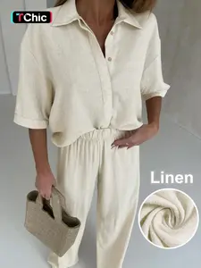 Women's Cotton Linen Short Sleeve Shirt and Long Pants Set, Relaxed Fit and Casual Style for Everyday Comfort