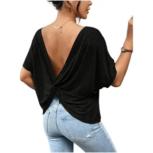 Women's Backless Twist Knot T Shirt Oversized Solid Short Sleeve Tees Open Back Asymmetrical Hem Casual Tops Womenswear Blouse Basic Batwing Fitted Minimalist Shortsleeve Black country concert outfits shirts women oversized tshirt women
