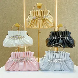 Vintage Rhinestone Women's Clutch - Pleated Evening Bag with Detachable Strap, Hands-Free Carry, Retro Glamour Crossbody/Shoulder Purse for Party