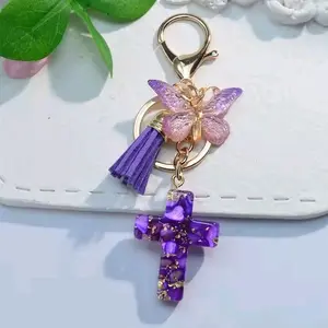 Cross Butterfly Keychain Cute Resin Christian Keyring with Purple Tassel Key Accessories Gift for Her