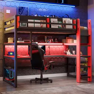 Twin Size Gaming Loft Bed with Desk & RGB Light, Wood Twin Loft Bed Frame with Side Storage Rack & Multi-Storage Shelves for Teens Adults Bedroom Apartment (Red, Twin)