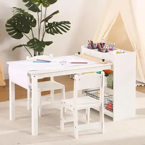 Kids Art Table and Chairs Set, Toddler Craft Play Wood Activity Desk With Large Storage, Kids Drawing Table for Writing Drawing, Wooden Art Table Activity Table for Playroom, Nursery, White