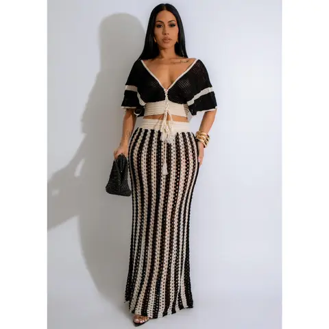 BIGWIG Women's 2-Piece Stretchy Casual Style Crochet Crop Top & High Waist Striped Maxi Skirt Set - Openwork Knit, Comfy Lightweight with Drawstring for Vacations, Beaches (Sports Clothing Sets)