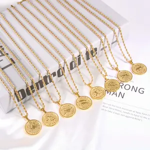 Women's Minimalist Astrological Signs Coin Pendant Necklace - Golden-Silver Twisted Modern Chain, Refined Polished Dainty Layering Accessory, Elegant Personality-Expressing Birthday Gift, Fashionable Artificial Gemstone Jewelry
