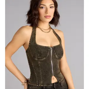 Zip Into It Denim Halter Top