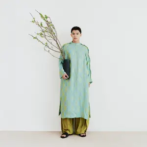 "Biec" Men’s Áo Dài Set - Tencel Silk in Loc Tho pattern with raw-silk pants