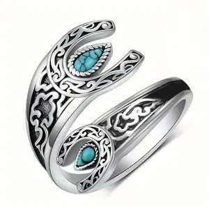 Retro wrapped ring, retro moon and flower design, inlaid with water droplet shaped synthetic zirconia adjustable ring, ideal women's holiday gift, Bohemian style ring