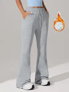 Women's Fashion Tight-Fitting Flare Pants, Autumn Winter Warm Fleece Lined Joggers with Pockets & Drawstring Waist, Casual Running Long Trousers, Runner Pants