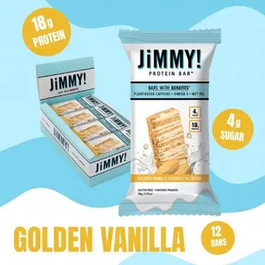 JiMMYBAR! Golden Vanilla Cookies 'n Cream Protein Bar 18g Protein 4g Sugar Plant-Based Caffeine Gluten-Free 12 Count Box Functional Nutrition