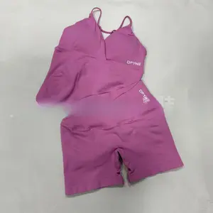DFYNE Seamless Mix & Match Workout Set| Longline Plunge V-Neck Cami Top with Built-in Bra & Crossover V-Waist Gym Shorts Outfit