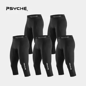 PSYCHE 5 Pack Men's 3/4 Compression Pants Compression Underwear For Gym Workout Running Basketball,Squat-Proof, Sweat-Wicking And Ultra-Breathable
