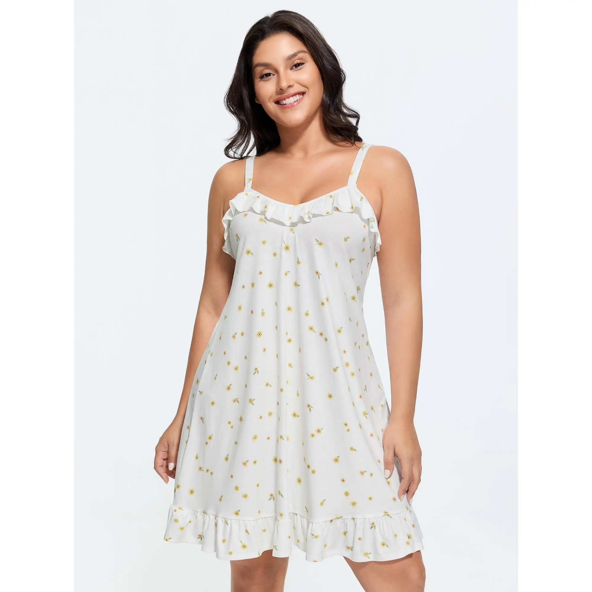 BloomChic Plus Size Ditsy Floral Nightgown, Supersoft Sleeveless Summer Sleep Dress with Ruffled Neck and Side Pocket for Everyday Wear, Nightwear, Loungewear, Women, Garment, Simple, Breathable, Comfy, Fabric, Fit, Polyester Blend