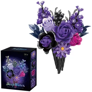 822pcs Flowers Bouquet Building Set, Artificial Purple Roses Botanical Collection for Adults Women, Gothic Home Decor - Christmas Birthday Valentines Day Gift