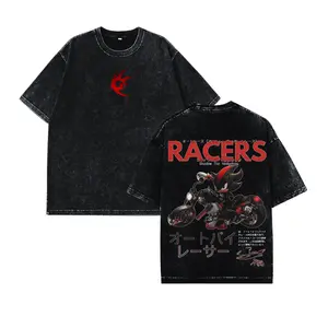 Shadow The Hedgehog Racer Washed T-Shirt Vintage Anime Streetwear Tee Oversized Graphic Shirt Retro Biker Style Unisex