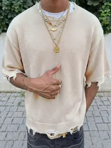 Men's Spring Summer Fashion New Korean Style Plain Ripped Fringe Breathable Loose Relaxed Fit Knit Sweater Short Sleeve, Comfortable Daily Commute Top