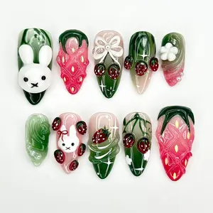 Strawberry Bunny Dreams Press On Nails | Cute 3D Fruit Nail Art | Sweet Berry Theme Nails | Pink 3D Kawaii Nails