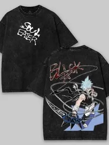 Soul Eater Black Star Anime Washed T Shirt Double Sided Print Japanese Manga Merch Retro Black Crew Neck Cotton Tee Regular Fit Casual Streetwear Summer Daily Wear Urban Fashion Top for Men Women