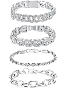 4 Pcs Chunky Silvery Golden Bracelets for Women Men Classic Layered Alloy Stainless Steel Bracelets Brilliant Cuban Mens Bracelets Shining Dainty Heavy Jewelry Set for Rapper Daily Wear Party Festival