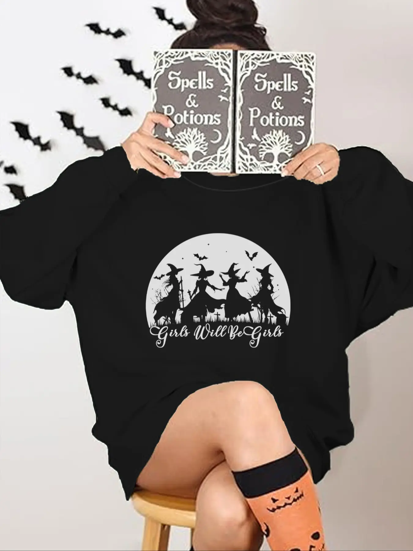 Women's Halloween Witch Print Pullover Sweater, Casual Loose-Fit Round Neck Knit Top, Perfect for Fall & Winter Fashion