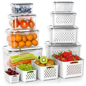 Vegetable Fruit Clear Plastic Stackable Fridge Organizer Storage Box Set of 5, Dual Drain Rack Food Container Organizer, Durable Kitchen Utensil Holder, Home Essential