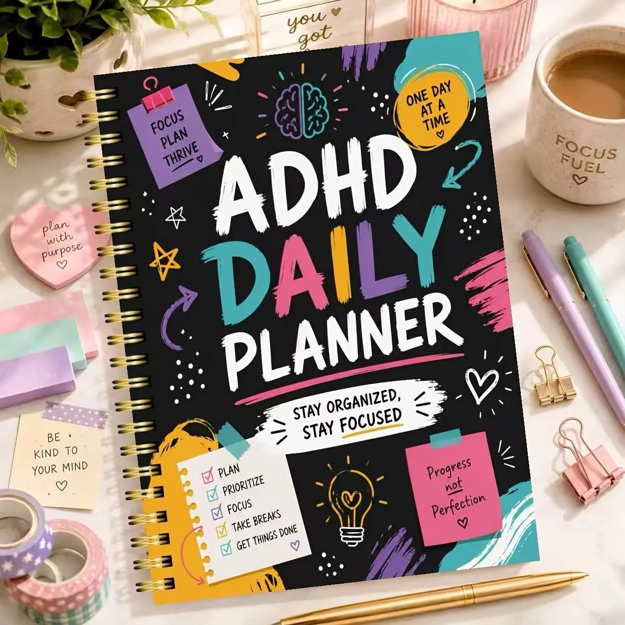 Adult Adhd Planner Notebook, Productivity Planner, Date-Free Daily Weekly Monthly Schedule Manager, Pomodoro Timer, Task List, Focus Tracker, Color-Coded Neurodiverse Notebook