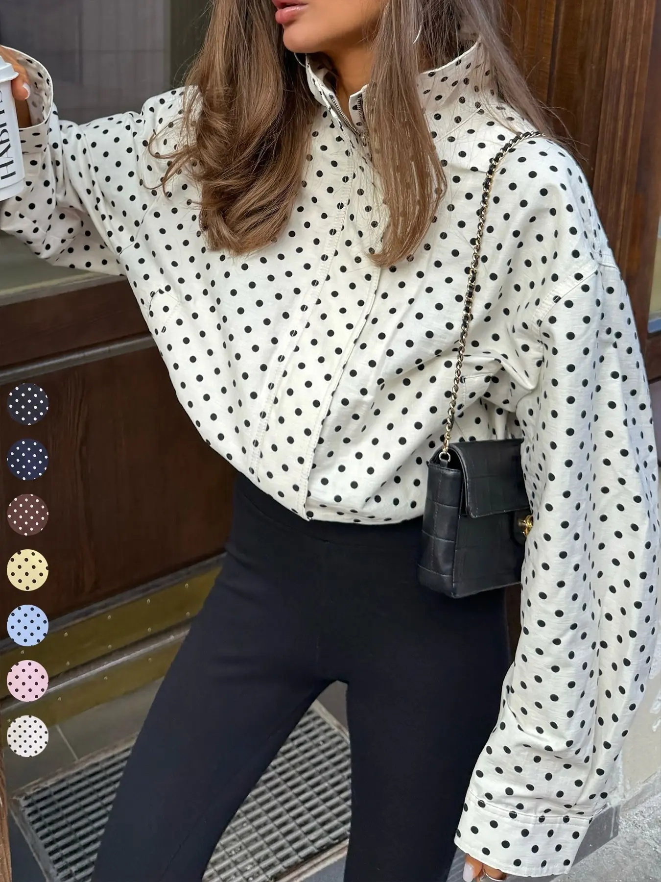 Women's Spring & Fall Fashion Polka Dot Bubble Satin Jacket, High Neck Long Sleeve Zipper Outerwear, Loose Fit Casual Coat Womenswear, Chic Casual Outerwear