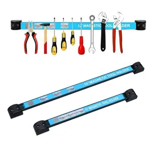 Magnetic storage rack strips, magnetic bars for garage organization tools, heavy-duty space saving tool managers with installation screws for garages, workshops, and kitchens.