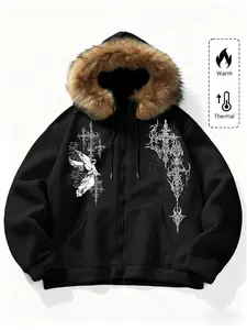 Unisex Y2K Gothic Graphic Angel Print Hooded Jacket, Fleece Lined, Zipper Design, Fitted, Street Fashion, Warm and Stylish, Outdoor and Daily,Couple outfits, warm clothing, gothic style, Y2K style Wear, Sweatshirts